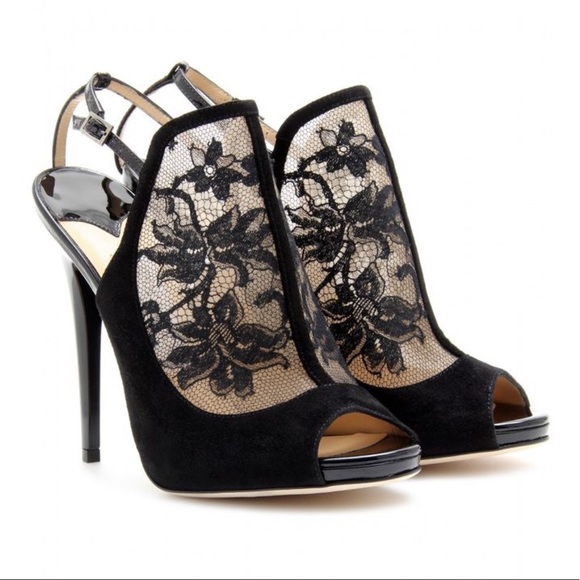 Jimmy Choo Black Maylen Lace and Suede Bootie Shoo Stiletto Pump